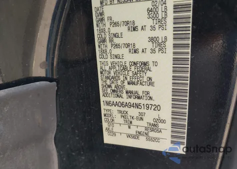 2004 Nissan Titan Se from USA, damaged, VIN 1N6AA06A94N519720